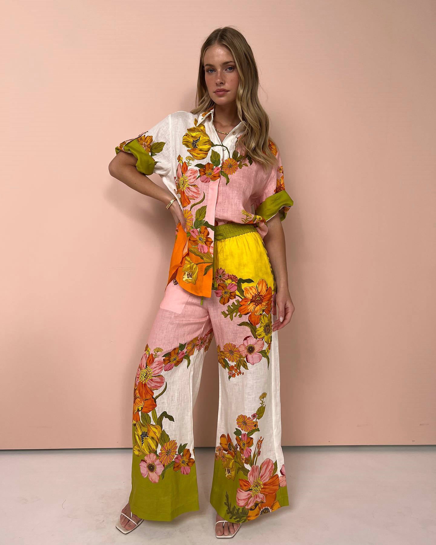 2023 New Cotton-Linen Print Two-Piece Set with Pants