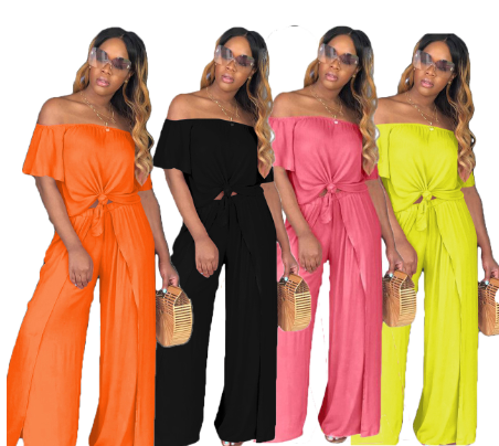 Knot Neck Top with Split Wide Leg Pants Set for Women