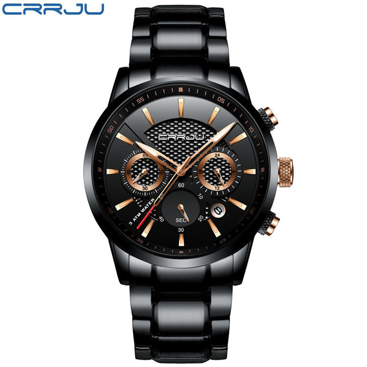 Reloj Deportivo de Acero Negro y Dorado para Hombre con 3 Esferas