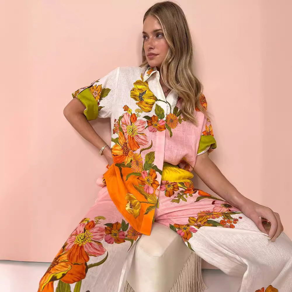 2023 New Cotton-Linen Print Two-Piece Set with Pants