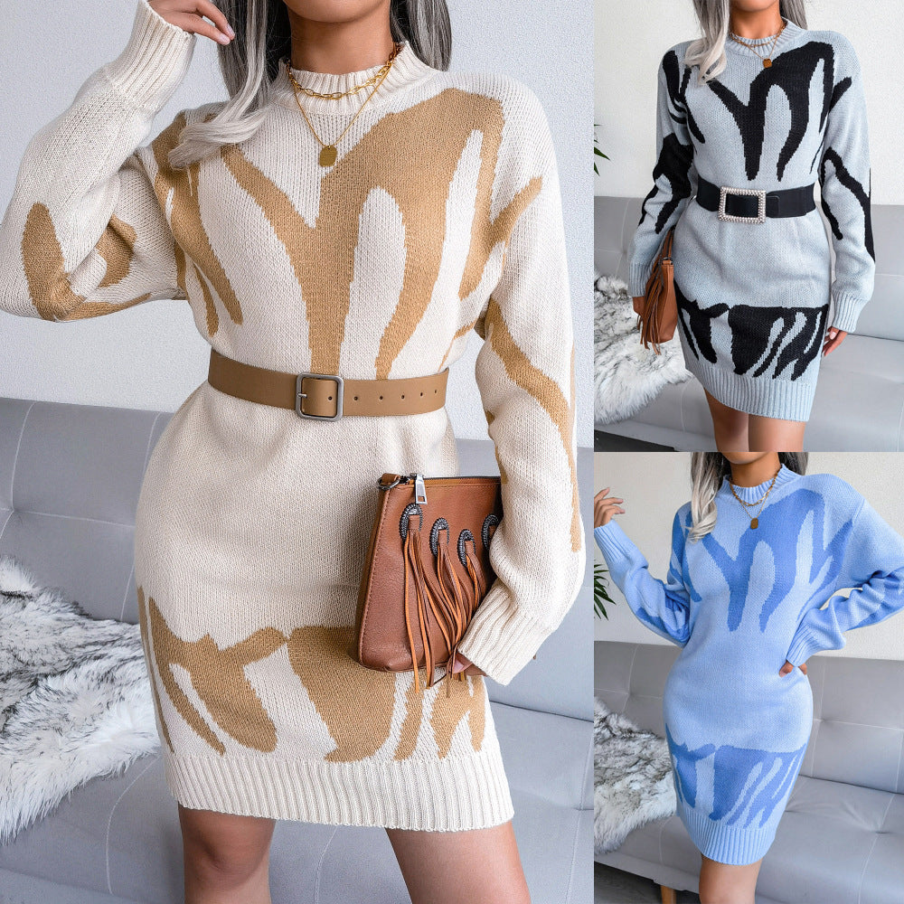 Vestido Suéter de Punto con Cuello Redondo y Estampado Geométrico