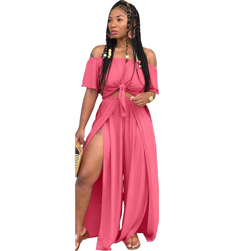 Knot Neck Top with Split Wide Leg Pants Set for Women