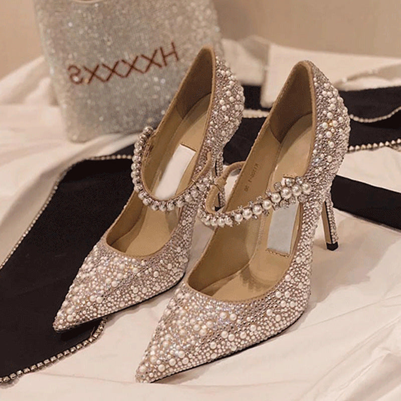 Tacones de Aguja con Punta en Pico y Cristales para Banquete