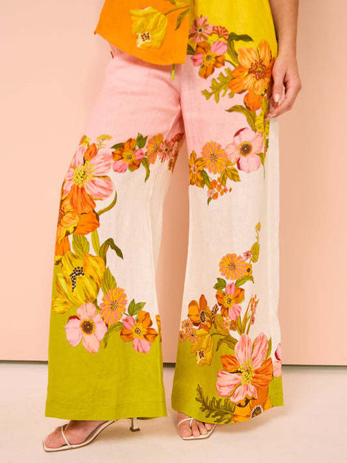 2023 New Cotton-Linen Print Two-Piece Set with Pants
