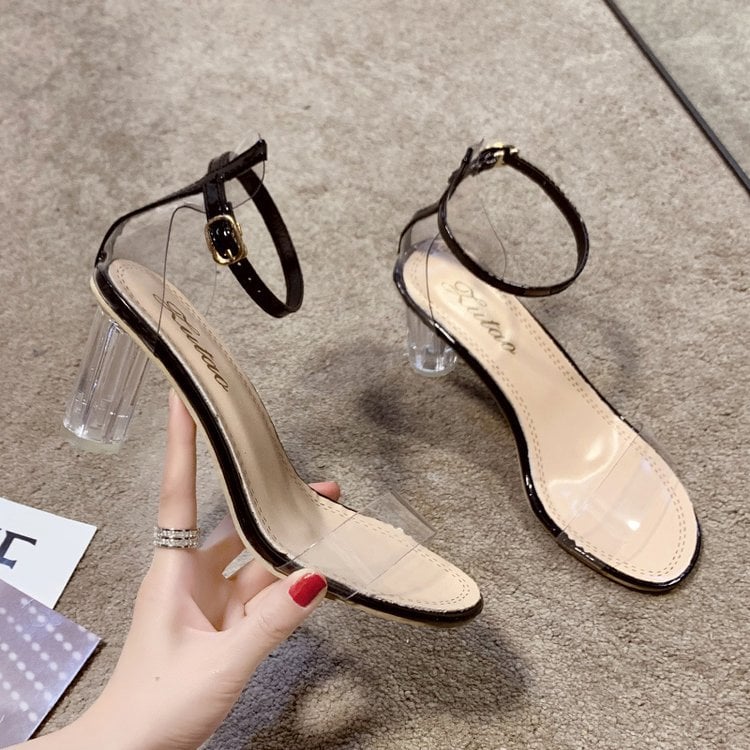 Sandalias Transparentes de Tacón Ancho con Cristales y Hebilla