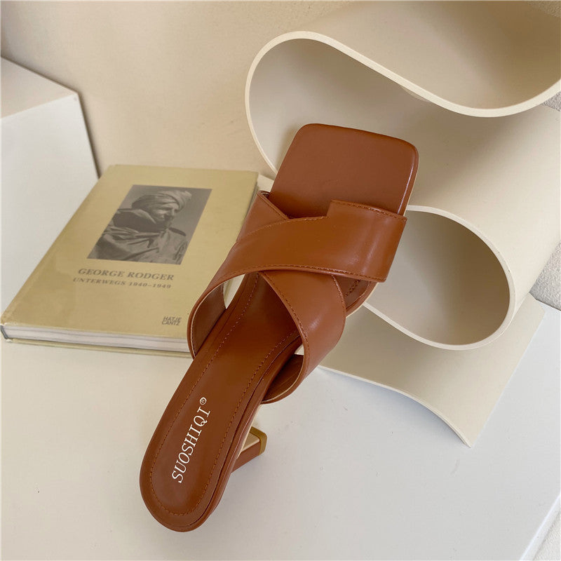 Sandalias de Tacón Fino con Tiras Cruzadas y Punta Cuadrada para Mujer