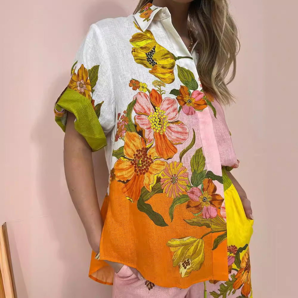 2023 New Cotton-Linen Print Two-Piece Set with Pants