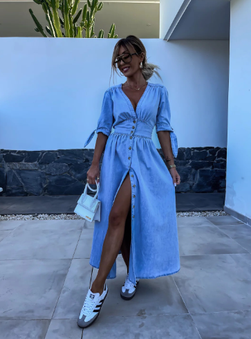 Vestido Vintage de Manga Corta con Cuello en V y Cintura Marcada