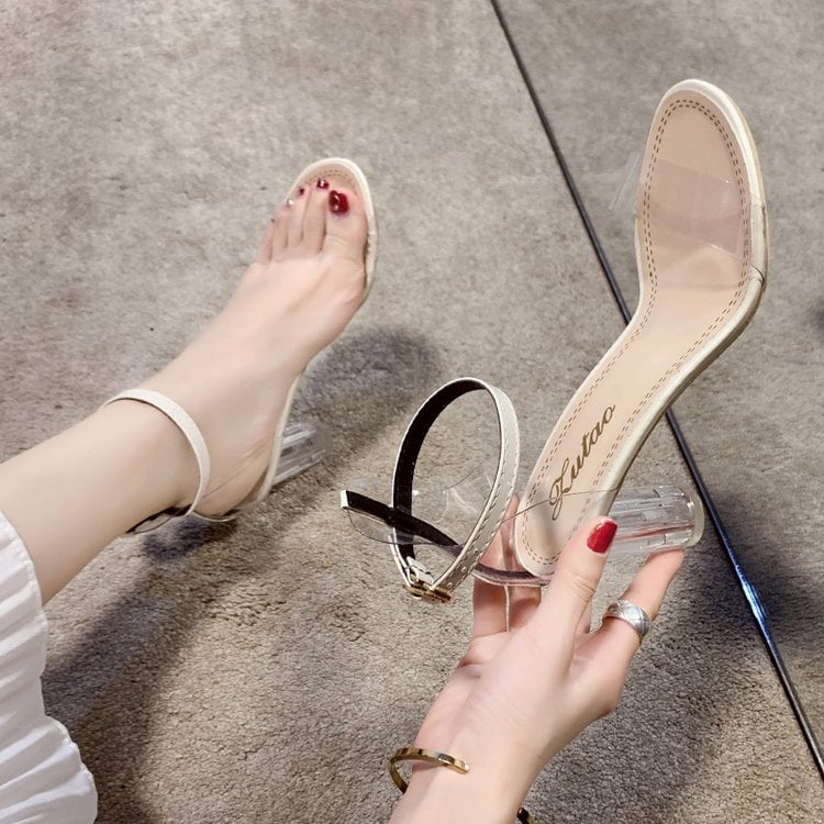 Sandalias Transparentes de Tacón Ancho con Cristales y Hebilla