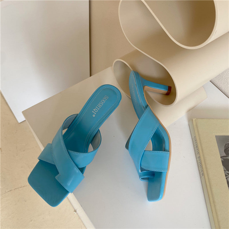 Sandalias de Tacón Fino con Tiras Cruzadas y Punta Cuadrada para Mujer