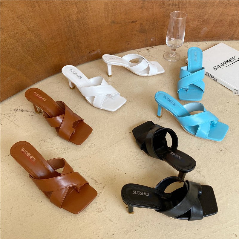 Sandalias de Tacón Fino con Tiras Cruzadas y Punta Cuadrada para Mujer