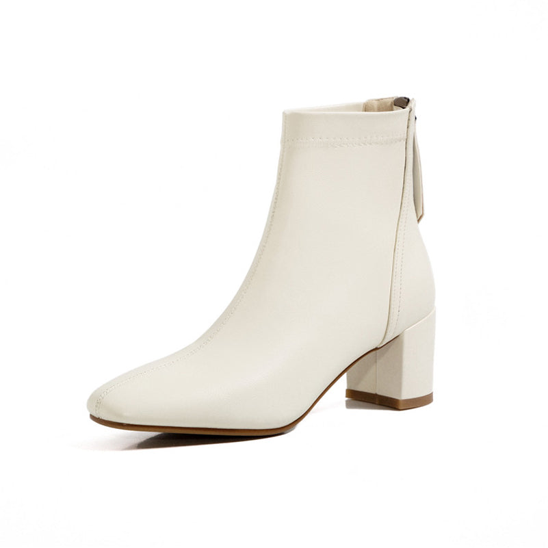 Botines Cortos Retro con Punta Cuadrada Color Nude para Mujer