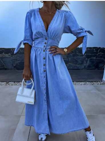 Vestido Vintage de Manga Corta con Cuello en V y Cintura Marcada