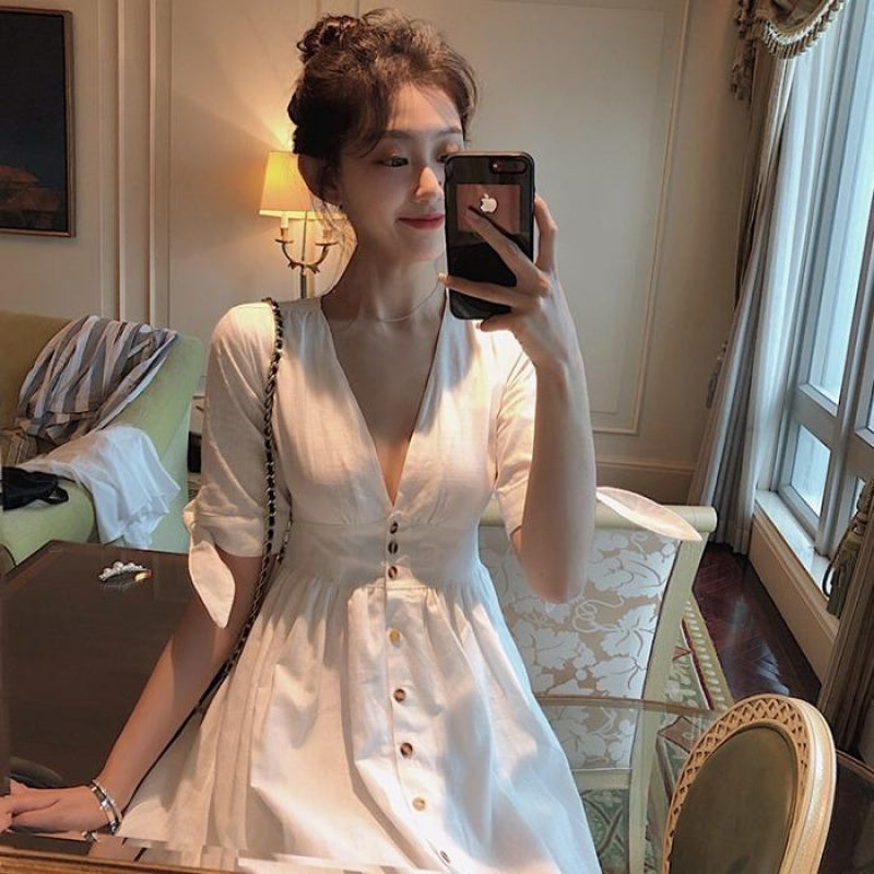 Vestido Vintage de Manga Corta con Cuello en V y Cintura Marcada