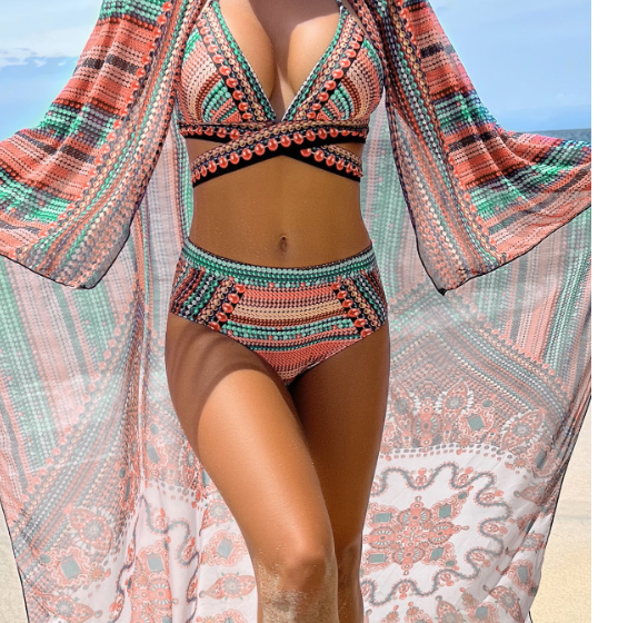 Conjunto de Bikini con Estampado Geométrico y Diseño Cruzado