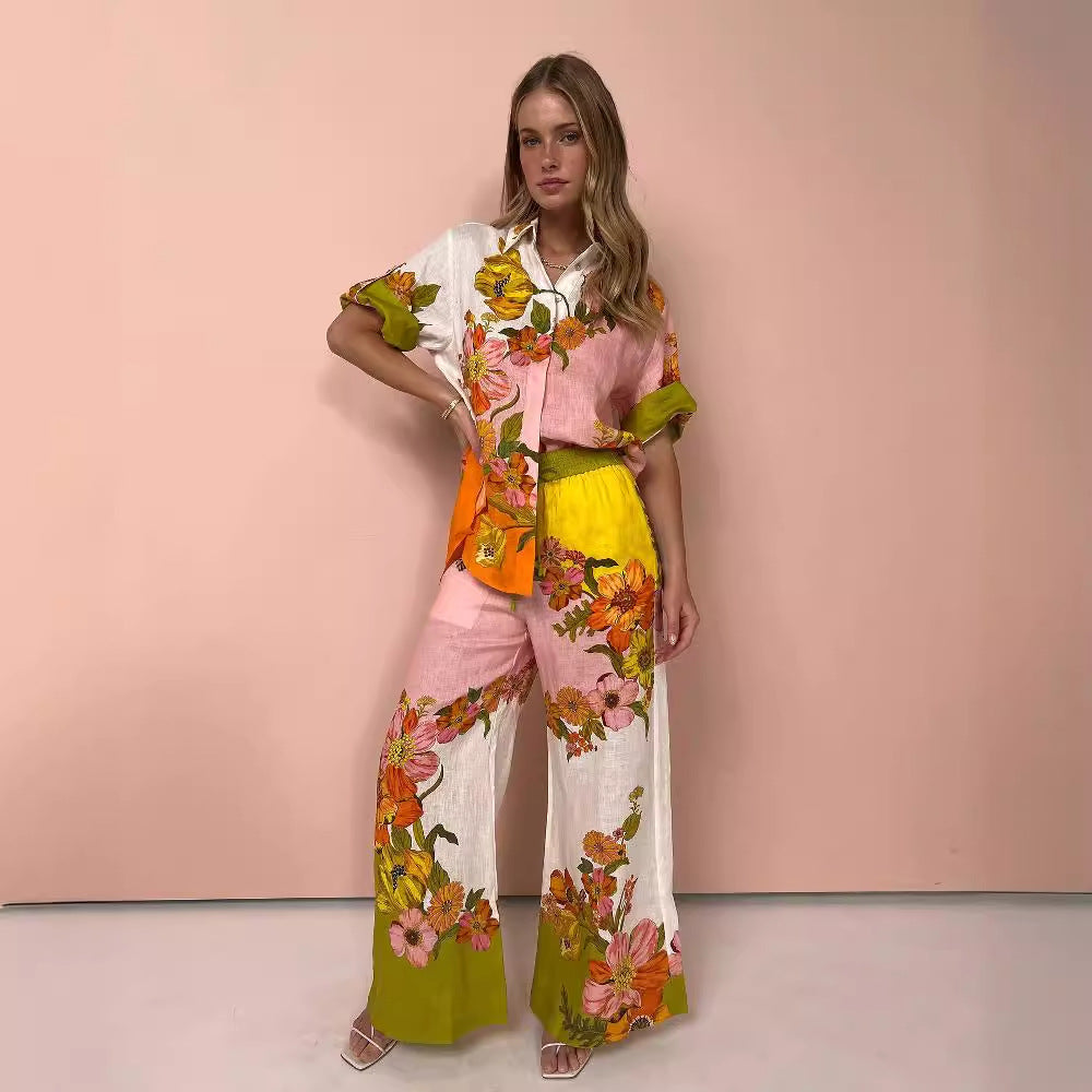 2023 New Cotton-Linen Print Two-Piece Set with Pants
