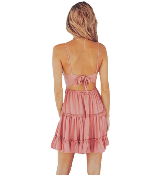 Vestido de Gasa con Cuello en V, Tirantes Finos y Volante en el Bajo