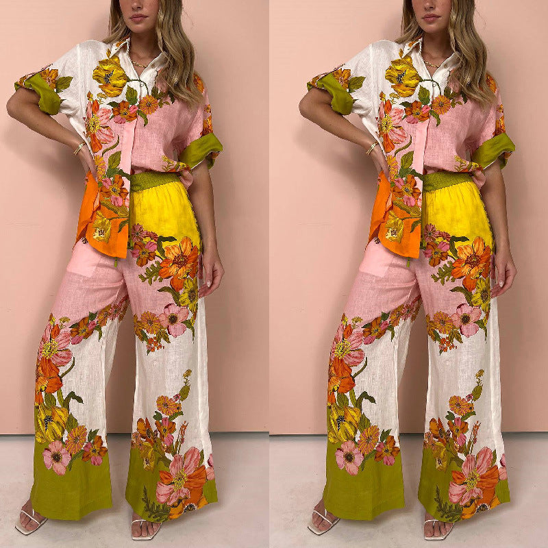 2023 New Cotton-Linen Print Two-Piece Set with Pants