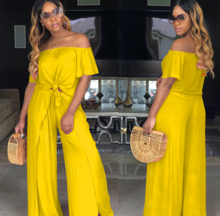Knot Neck Top with Split Wide Leg Pants Set for Women
