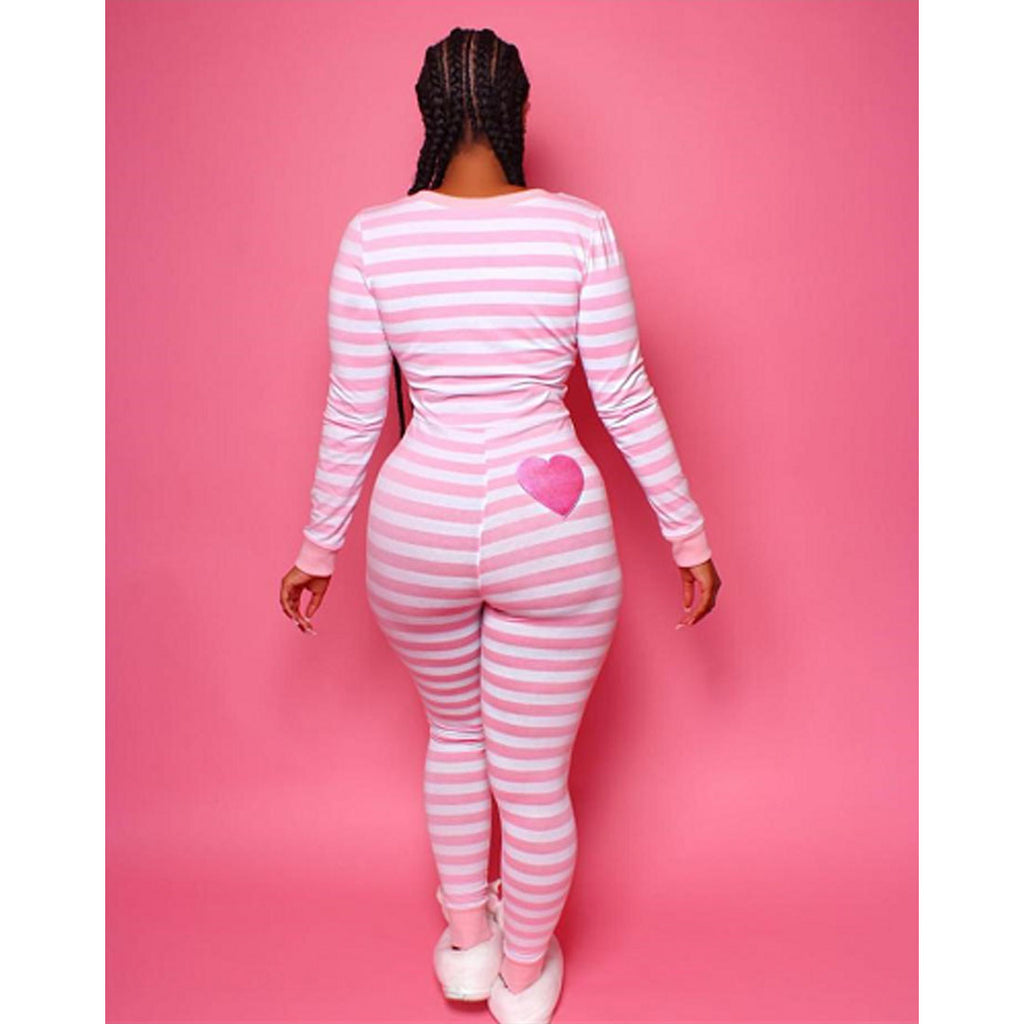 Conjunto de Pijama de Rayas con Cuello en V y Manga Larga – Otoño