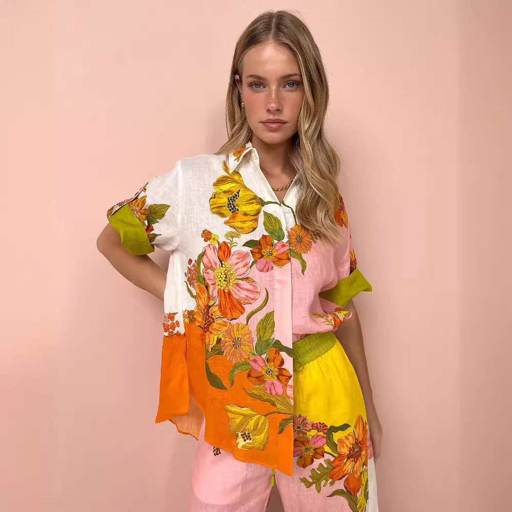 2023 New Cotton-Linen Print Two-Piece Set with Pants