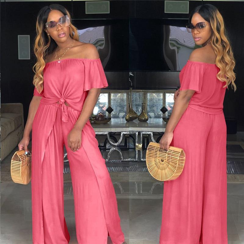 Knot Neck Top with Split Wide Leg Pants Set for Women