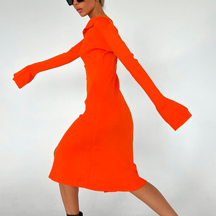 Vestido de Punto de Largo Medio con Solapa y Abertura para Mujer