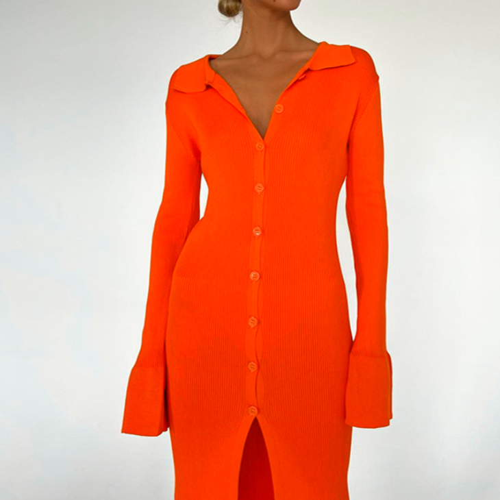 Vestido de Punto de Largo Medio con Solapa y Abertura para Mujer